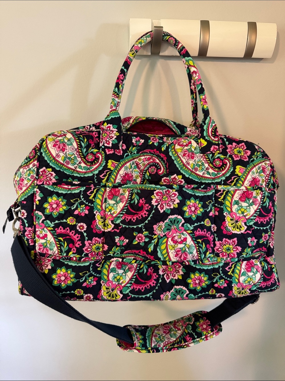 Vera Bradley Navy Paisley Floral Quilted Weekender with Pink & Green Accents
